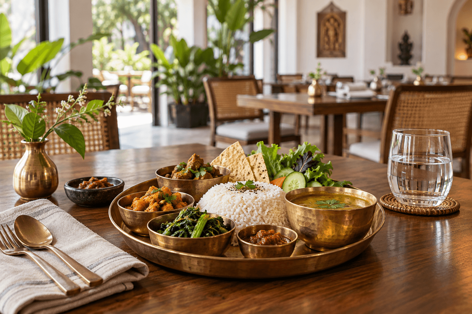 Concept photograph of a Nepali thali served in a sunlit dining room